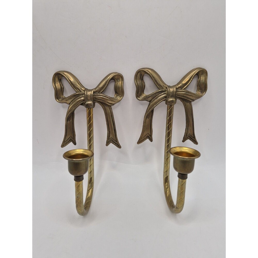 Vintage Pair Brass Ribbon and Bow Wall Candle Holders wall Sconces Cottagecore